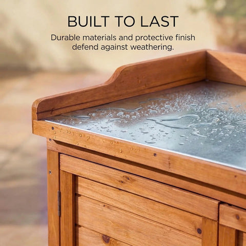 Outdoor Garden Wood Storage Cabinet With Waterproof Tool Shed details showing water-resistant tabletop in natural finish.