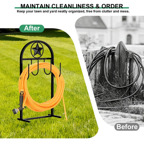 Upgraded Garden Hose Holder With Four Point Stable Base Freestanding Heavy Duty Hose Reel for yards and lawns, before and after use