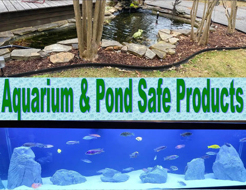 Aquarium and pond with 'Aquarium & Pond Safe Products' text above, showcasing fish and pond landscape, related to 5 Inch Round Water Garden Plant Basket Set 3 Pack For Pond Plants, Mesh Slotted Plastic Pots, Aquaponics And Hydroponics, Keeps Soil In And Controls Growth, Durable Black Planting Baskets.