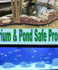 Aquarium and pond view with text promoting safe products above aquatic tanks and water feature in garden landscape.