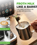 Premium Twenty Bar Espresso Maker With Built In Milk Frother And One Point Eight Quart Removable Tank frothing milk in stainless steel pitcher.