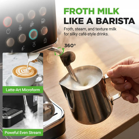Premium Twenty Bar Espresso Maker With Built In Milk Frother And One Point Eight Quart Removable Tank frothing milk in stainless steel pitcher.