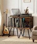 Rustic Record Player Stand Holding 100 Vinyl Records, Industrial Turntable Console With Deep Storage Shelving in cozy living space.