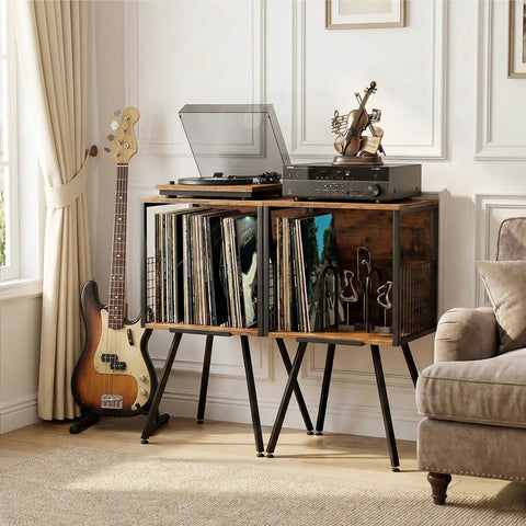 Rustic Record Player Stand Holding 100 Vinyl Records, Industrial Turntable Console With Deep Storage Shelving in cozy living space.