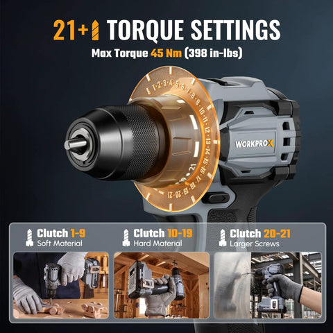 Pro Grade Two Speed Cordless Drill And Impact Driver Combo Kit With Two Long Lasting Lithium Ion Batteries showing 21 torque settings.