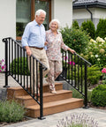 Straight Up Tough Wrought Iron Stair Handrail With Secure Balusters For Outdoor Deck And Concrete Steps Fits 3 To 4 Stairs, seniors using rail on wooden steps.
