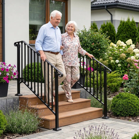 Straight Up Tough Wrought Iron Stair Handrail With Secure Balusters For Outdoor Deck And Concrete Steps Fits 3 To 4 Stairs, seniors using rail on wooden steps.
