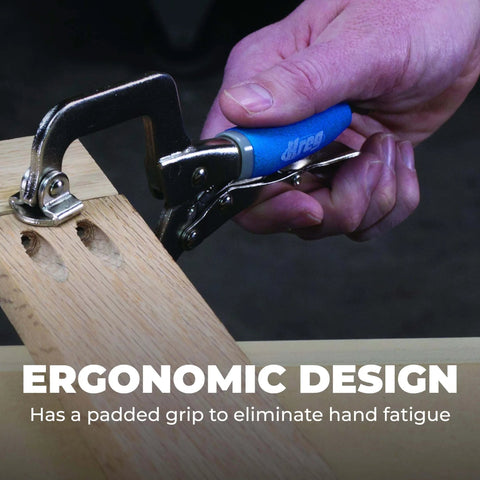 Hand using Micro Face Clamp 2 Inch Pocket Hole Clamp For Flush Joints With Adjustable Pressure And Ergonomic Grip on wood