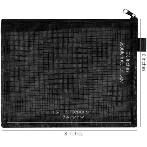 Black Nylon Mesh Zipper Pouches Set Of Five See Through Travel Organizer Bags shown with dimensions 8x6 inches
