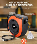 Retractable 75 Ft Heavy Duty Extension Cord Reel With 14/3C SJTOW Cable shown with wall mount bracket and lighted outlets.