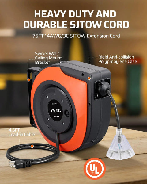 Retractable 75 Ft Heavy Duty Extension Cord Reel With 14/3C SJTOW Cable shown with wall mount bracket and lighted outlets.