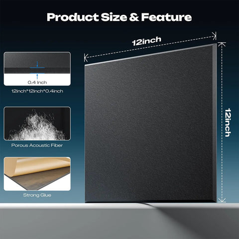 Snag These 12 Pack Acoustic Wall Panels With Self Adhesive Backing 12 By 12 By 0.4 Inch showing dimensions and material details.