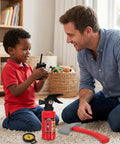 Adult and child playing with Kids Firefighter Costume Props Set With Water Squirt Fire Extinguisher Toy For Role Play Realistic Fireman Gear