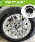 20 Pack Lug Nut Covers For Semi Trucks And Rigs 33mm By Two And One Half Inch Thread On Push On Caps ABS Plastic Anti Rust Chrome Gloss Finish Heat Resistant Waterproof Vehicle Maintenance Accessory shown on a wheel