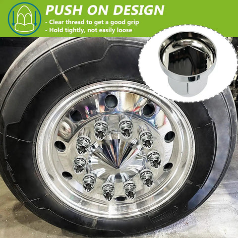20 Pack Lug Nut Covers For Semi Trucks And Rigs 33mm By Two And One Half Inch Thread On Push On Caps ABS Plastic Anti Rust Chrome Gloss Finish Heat Resistant Waterproof Vehicle Maintenance Accessory shown on a wheel