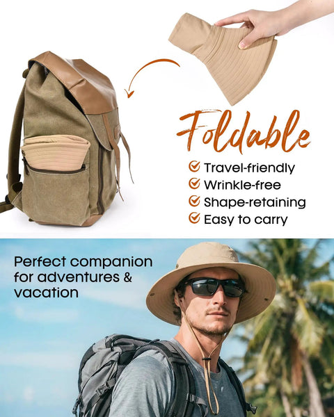 Men's UPF Sun Hat With Wide Brim Bucket Style For Fishing And Outdoors, Breathable Ventilated Design, shown folded and worn outdoors