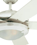 Close-up of 52 Inch Indoor Ceiling Fan With Light In White Finish and Frosted Glass LED kit for great rooms up to 400 Sq Ft