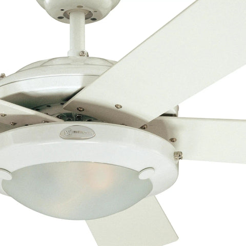 Close-up of 52 Inch Indoor Ceiling Fan With Light In White Finish and Frosted Glass LED kit for great rooms up to 400 Sq Ft