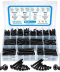 Stainless Steel Self Tapping Wood Screws Kit 560 Piece Assortment With Flat Head And Round Head M3 M4 M5 M6 Phillips Drive Zinc Plated Black Finish DIY Friendly visible in organized box.