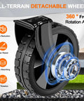 Close-up of all-terrain wheel of Heavy Duty Collapsible Wagon Cart With 350 Lb Capacity And All Terrain Wheels For Camping.