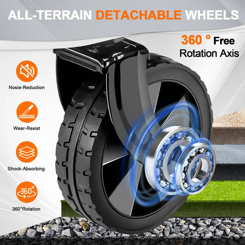 Close-up of all-terrain wheel of Heavy Duty Collapsible Wagon Cart With 350 Lb Capacity And All Terrain Wheels For Camping.