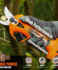 Close-up of Cordless Battery Powered Pruning Shear With Dual 2Ah Batteries Electric Pruner in use, cutting branch.