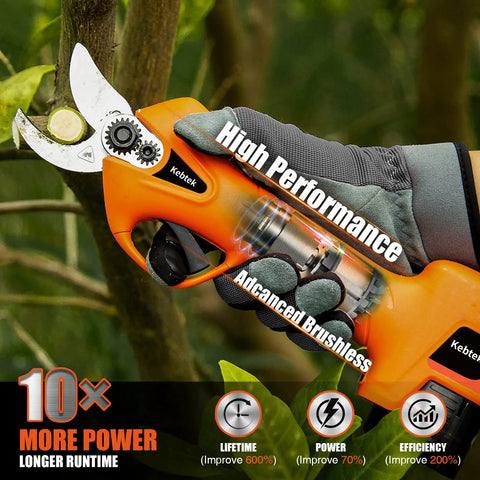 Close-up of Cordless Battery Powered Pruning Shear With Dual 2Ah Batteries Electric Pruner in use, cutting branch.