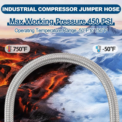 Heavy Duty Industrial Air Compressor Jumper Hose One Half Inch NPT Male, 750 Fahrenheit Max, Stainless Steel Braided