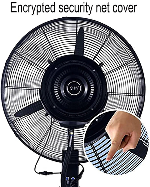 Heavy Duty Industrial Misting Fan With Fine Water Spray Delivers Straight Up Powerful Cooling For Outdoor Gyms And Greenhouses, featuring security net cover.