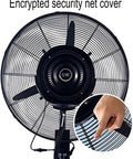 Heavy Duty Floor Standing Misting Fan With Powerful Oscillating Spray For Gyms And Indoor Rooms Quiet Three Speed Operation showing security net cover and design.