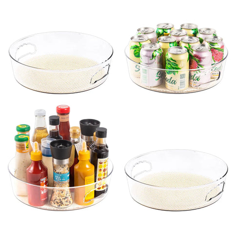 Round 12 Inch Lazy Susan Organizer With Non Skid Liners And Handle, 4 Pack Cabinet Or Counter Organizers with cans and bottles