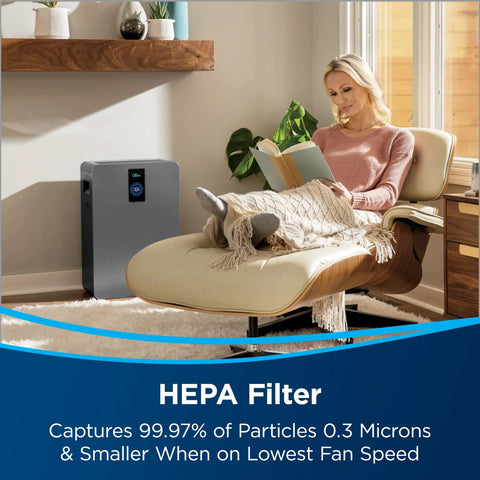Woman reading in living room with Air Purifier Replacement Filter Pack For Air400 With HEPA Filter And Activated Carbon in background