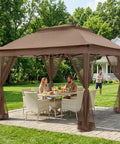 11x11 Pop Up Gazebo With Mesh Netting And UPF 50 Plus UV Protection, No Tool Setup Easy Up Outdoor Canopy Tent, Water Resistant Shelter Providing 121 Sq Ft Of Coverage, Portable Brown shown assembled in a garden setting with furniture underneath.