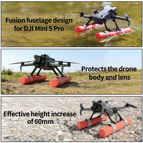 Floating Water Landing Gear For Mini 5 Pro Drone Training Takeoff Kit with buoyancy rods on water and grassy terrain