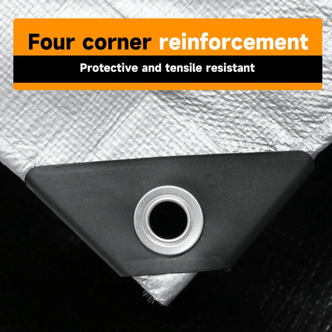 Heavy Duty 30x30 Foot Poly Tarpaulin With Reinforced Edges And Grommets, close-up of corner with grommet and reinforcement