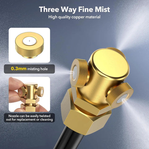 Close-up of three-way fine mist nozzle on Portable Misting System with 5000mAh Rechargeable Pump, copper material