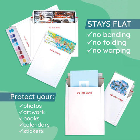 Do Not Bend 25 Pack Rigid Cardboard Mailers 12.75x15 displayed with photos and artwork sealed in mailers