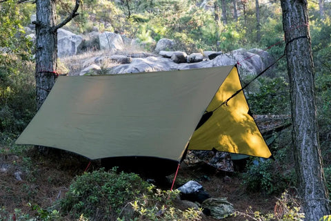 Bulwark Camping Tarp Rain Fly 12.8 Ft By 9.5 Ft Tough As Nails Ultra Waterproof 210T Polyester Shelter set up in forest