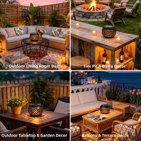 Outdoor Solar Lanterns Waterproof For Porch Garden Patio Vintage Leaf Pattern Metal Lanterns With Warm Flame Light shown in various settings