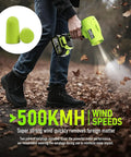 Person using Powerful Cordless Leaf Blower with 580000 RPM motor, holding lightweight handheld blower for quick yard cleanup, earplugs shown.