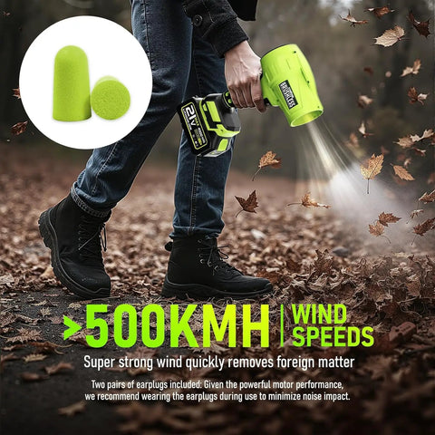 Person using Powerful Cordless Leaf Blower with 580000 RPM motor, holding lightweight handheld blower for quick yard cleanup, earplugs shown.