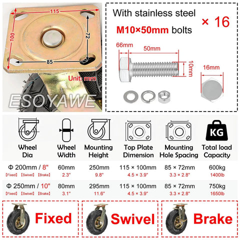 Image of Heavy Duty 8 Inch And 10 Inch Pneumatic Rubber Caster Wheel Set Of 4 Slick Rollin Swivel Casters With Integrated Brakes for installation dimensions and bolts.