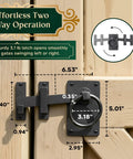 Black Wrought Iron Gate Ring Turn Latch Lock Set 6.5 Inch Wide Reversible Barn Door Catch mounted on a wooden gate.