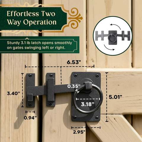 Black Wrought Iron Gate Ring Turn Latch Lock Set 6.5 Inch Wide Reversible Barn Door Catch mounted on a wooden gate.