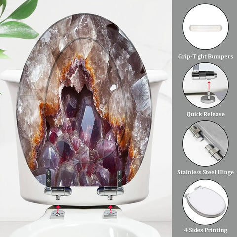 Toilet Seat Elongated Quiet Close for Bathroom Use with a gemstone design, quick-release feature, and stainless steel hinges.