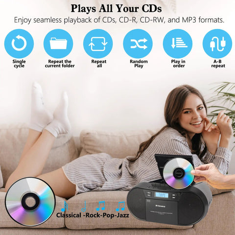 Retro Boombox CD Player And Cassette Player Combo with Bluetooth and CD shown in living room setting.