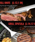 Stainless Steel BBQ Grill Tools Set For Outdoor Grilling Includes Tong Spatula Fork Knife Basting Brush Six Skewers And Gift Box A Complete Barbecue Utensil Kit For Men Fathers Day Christmas And Thanksgiving with knife and spatula