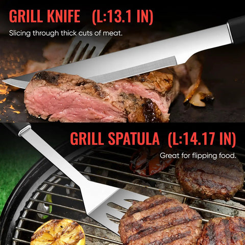 Stainless Steel BBQ Grill Tools Set For Outdoor Grilling Includes Tong Spatula Fork Knife Basting Brush Six Skewers And Gift Box A Complete Barbecue Utensil Kit For Men Fathers Day Christmas And Thanksgiving with knife and spatula