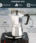 Stovetop Moka Pot Espresso Maker For Home Brew 6 Cup Greca Style Coffee Pot on a stovetop, compatible with ceramic, gas, and electric
