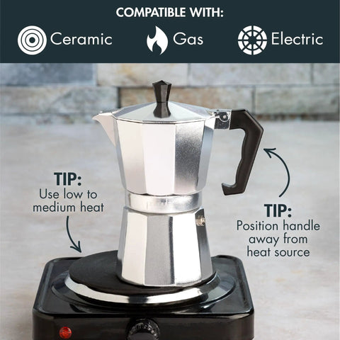 Stovetop Moka Pot Espresso Maker For Home Brew 6 Cup Greca Style Coffee Pot on a stovetop, compatible with ceramic, gas, and electric